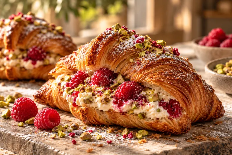 Croissant relleno de crema con frambuesa y pistache