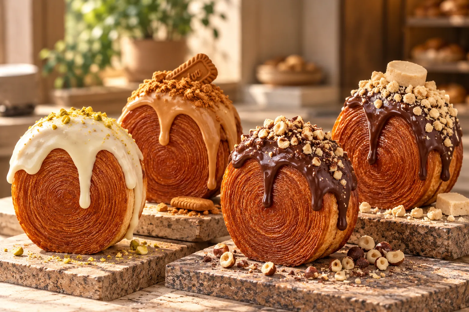 Rulets glaseados con chocolate, vainilla y avellana